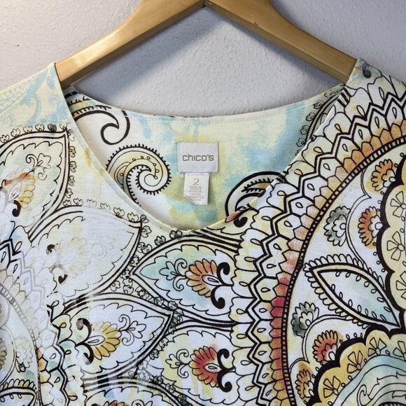 Chico's 2 chicos large Cream Mandala Angled Alyssa Ruched Sleeve Shirt bohemian - Picture 3 of 12